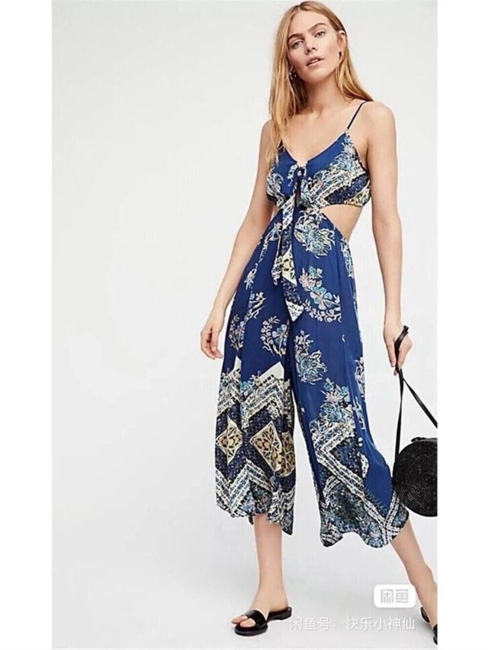 Free People Bella Boho Wide LegJumpsuit blue floral Size Small